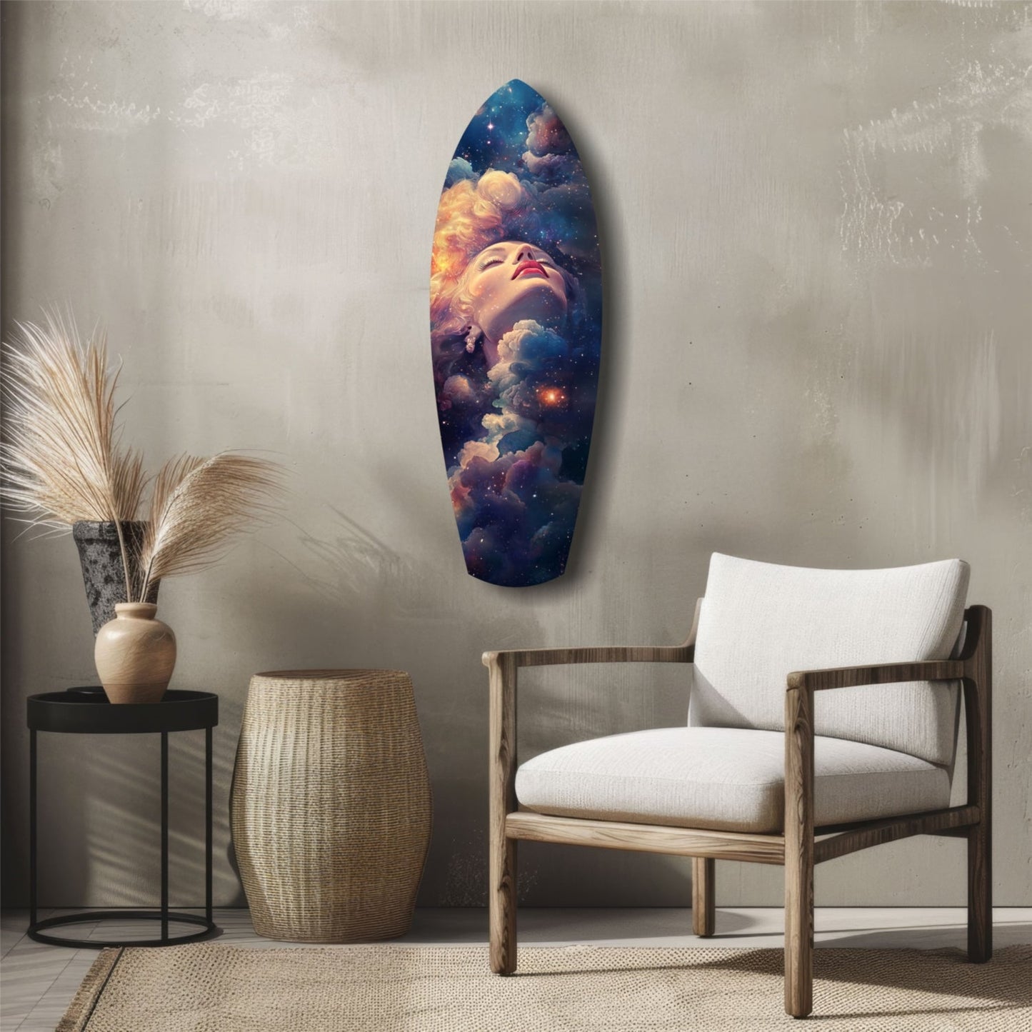 Starry night celestial glass wall art hanging in modern living room decor