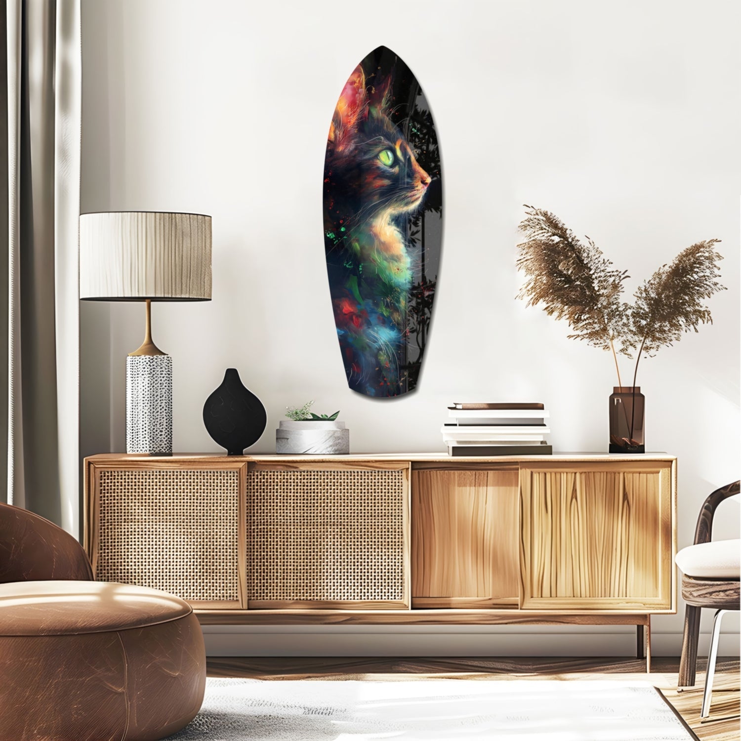 Celestial cat glass wall art printed on tempered glass with cosmic design