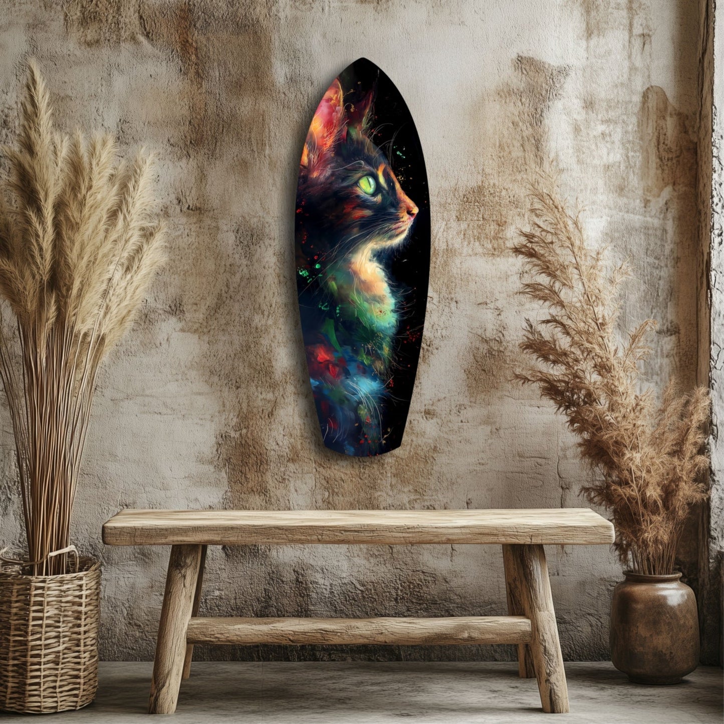 Celestial cat glass wall art printed on tempered glass with cosmic design
