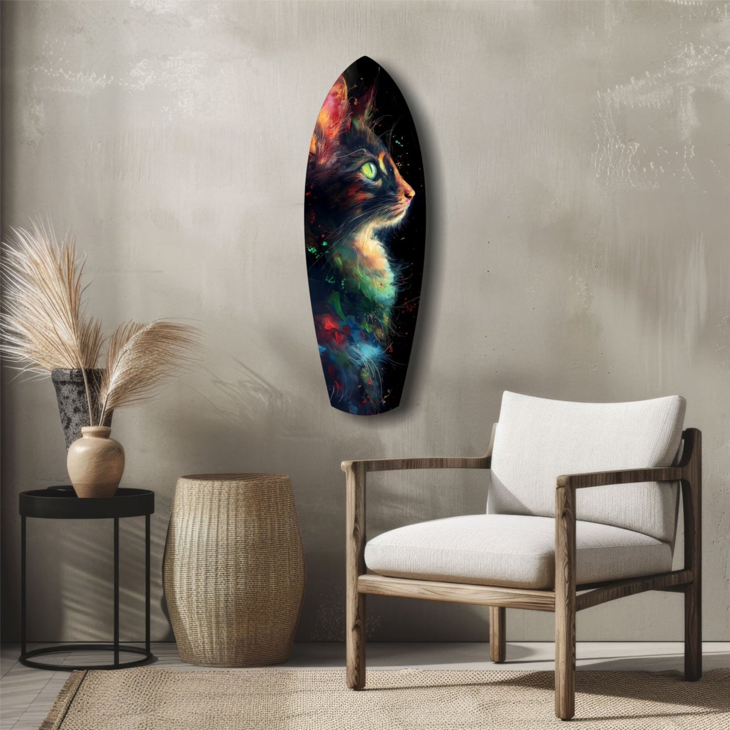 Celestial cat glass wall art printed on tempered glass with cosmic design