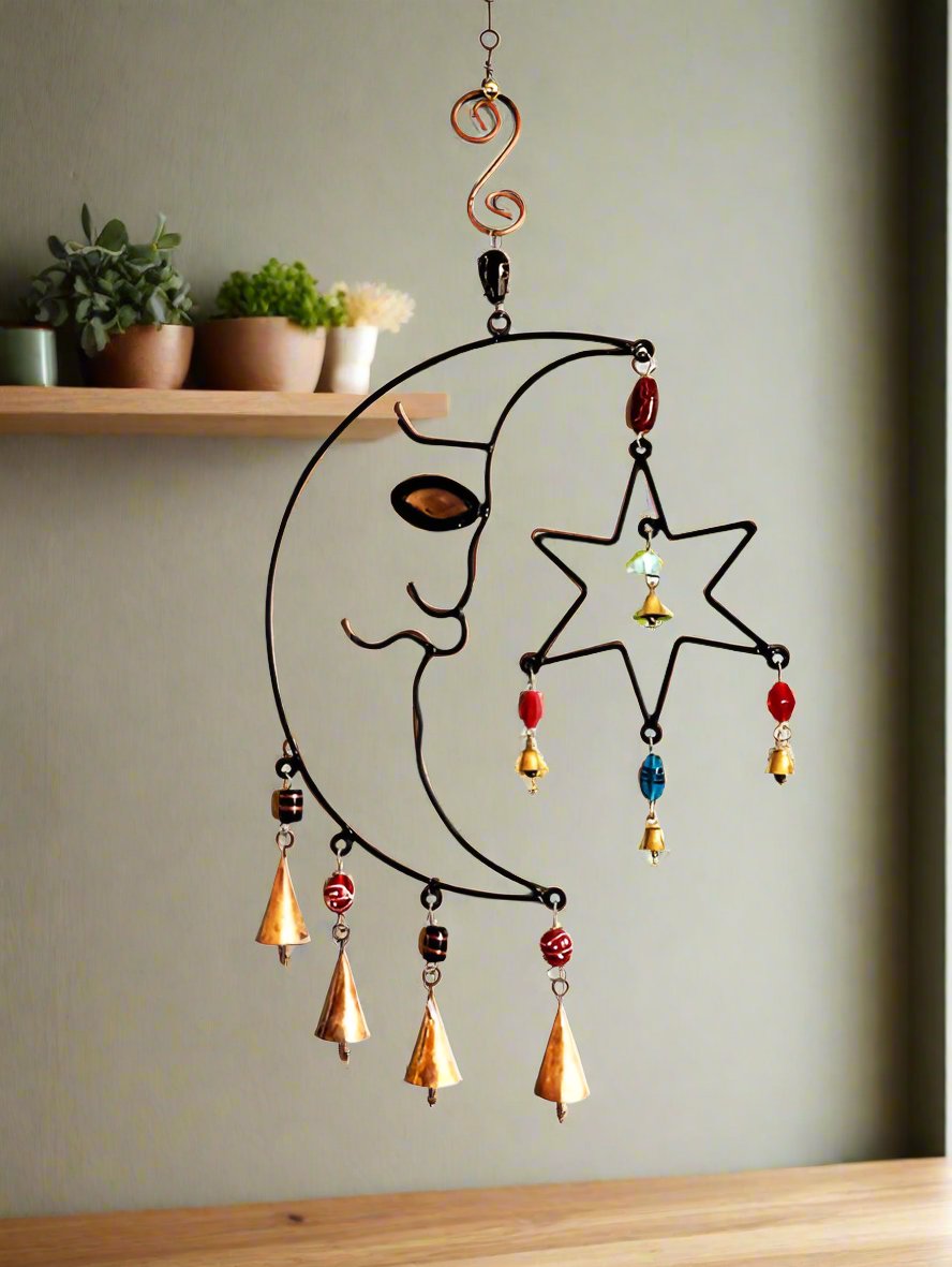Celestial moon and star wind chime with colorful glass beads hanging wall decor