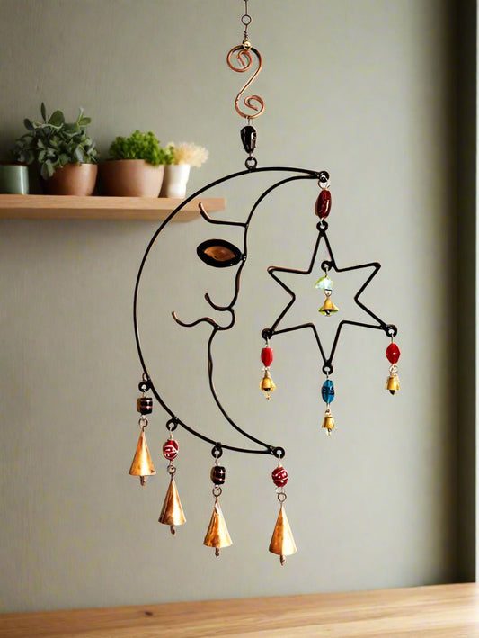 Celestial moon and star wind chime with colorful glass beads hanging wall decor