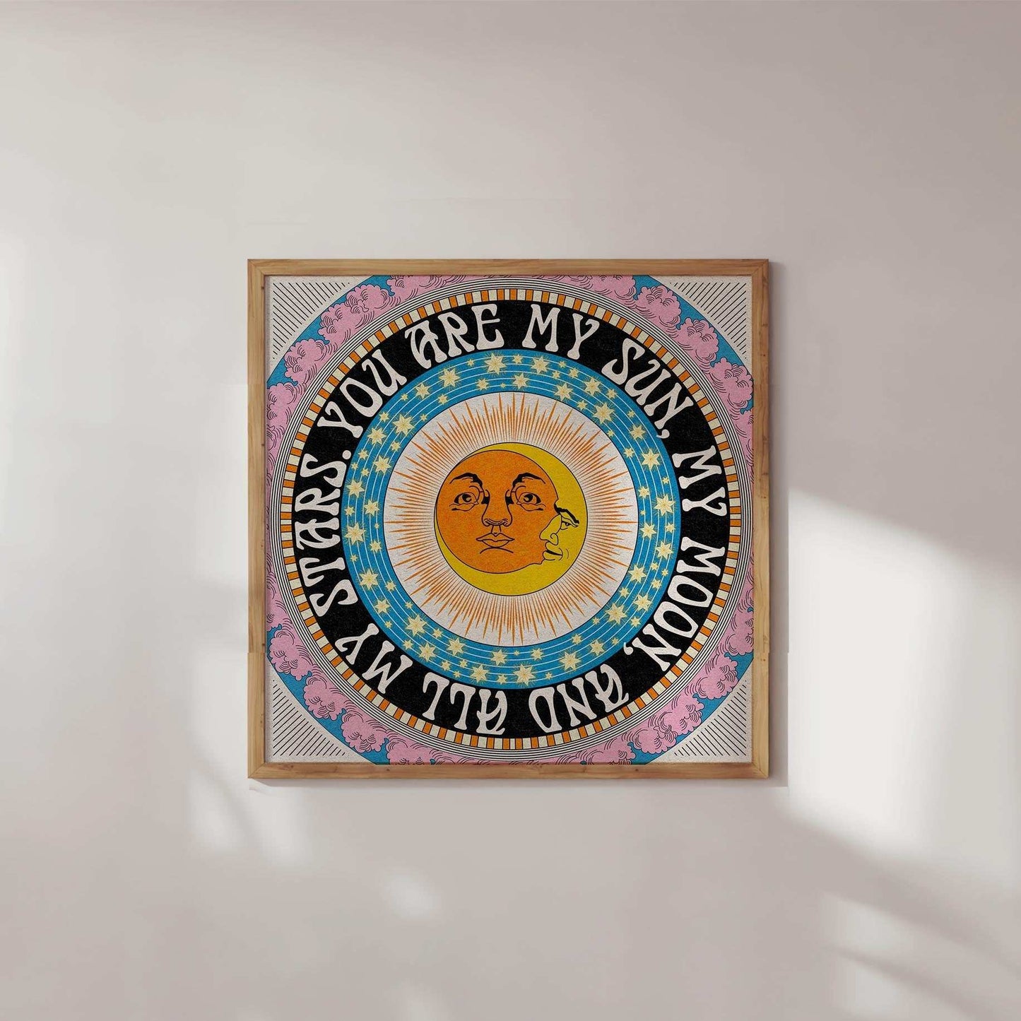 Square celestial art print featuring sun, moon, and stars design with inspirational quote