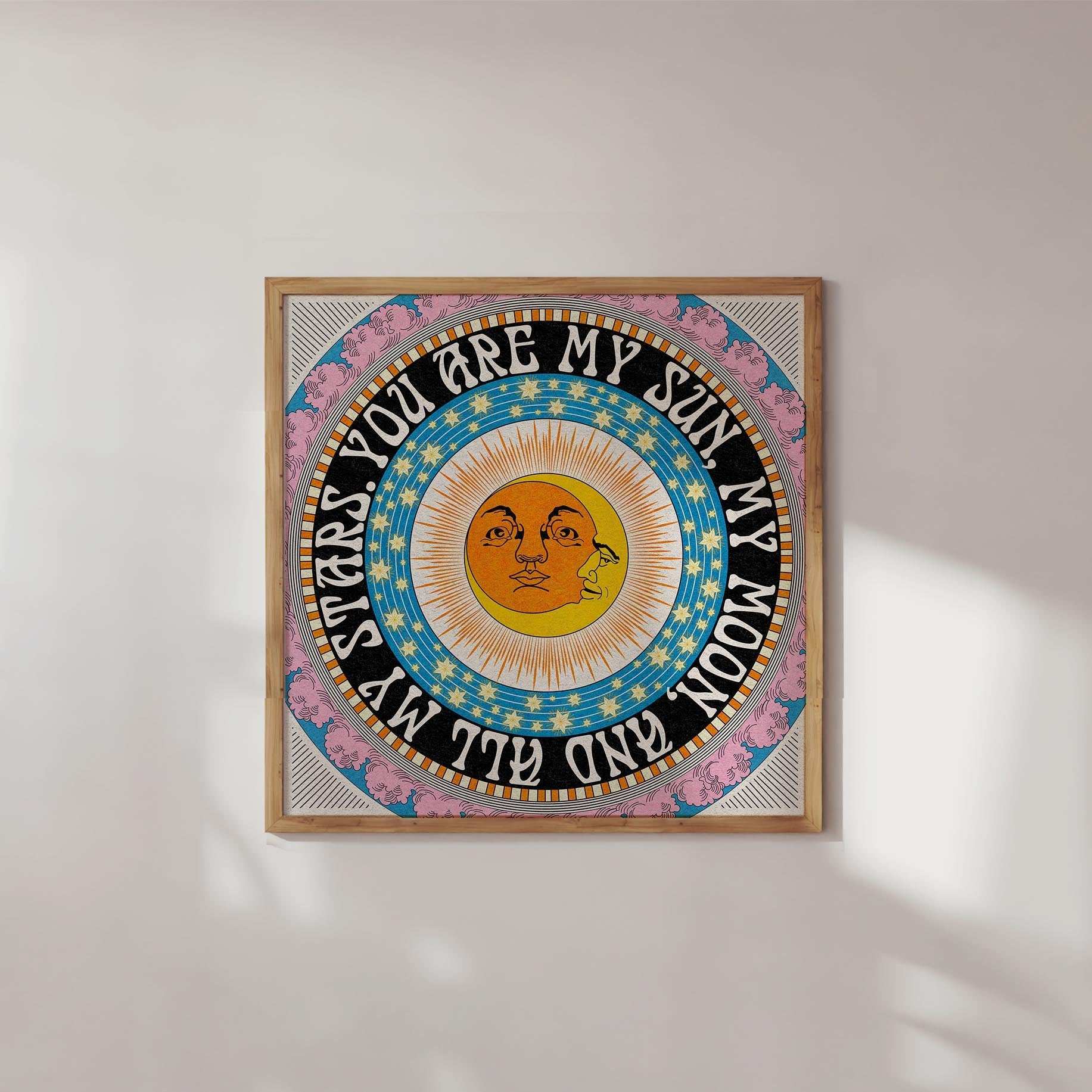 Square celestial art print featuring sun, moon, and stars design with inspirational quote