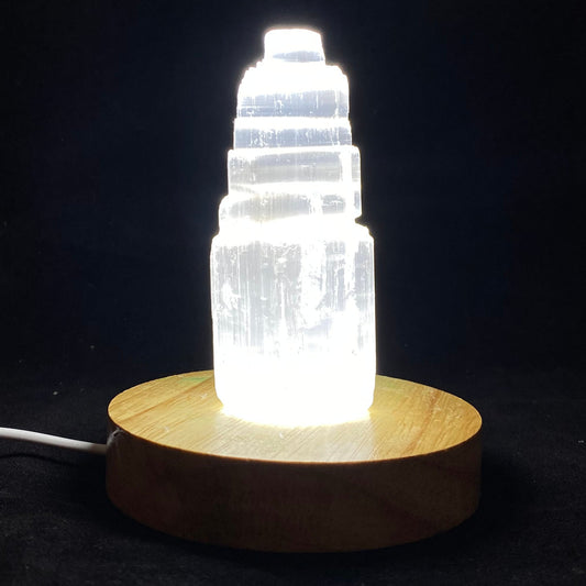 Decorative lamp with a wooden base on a black background