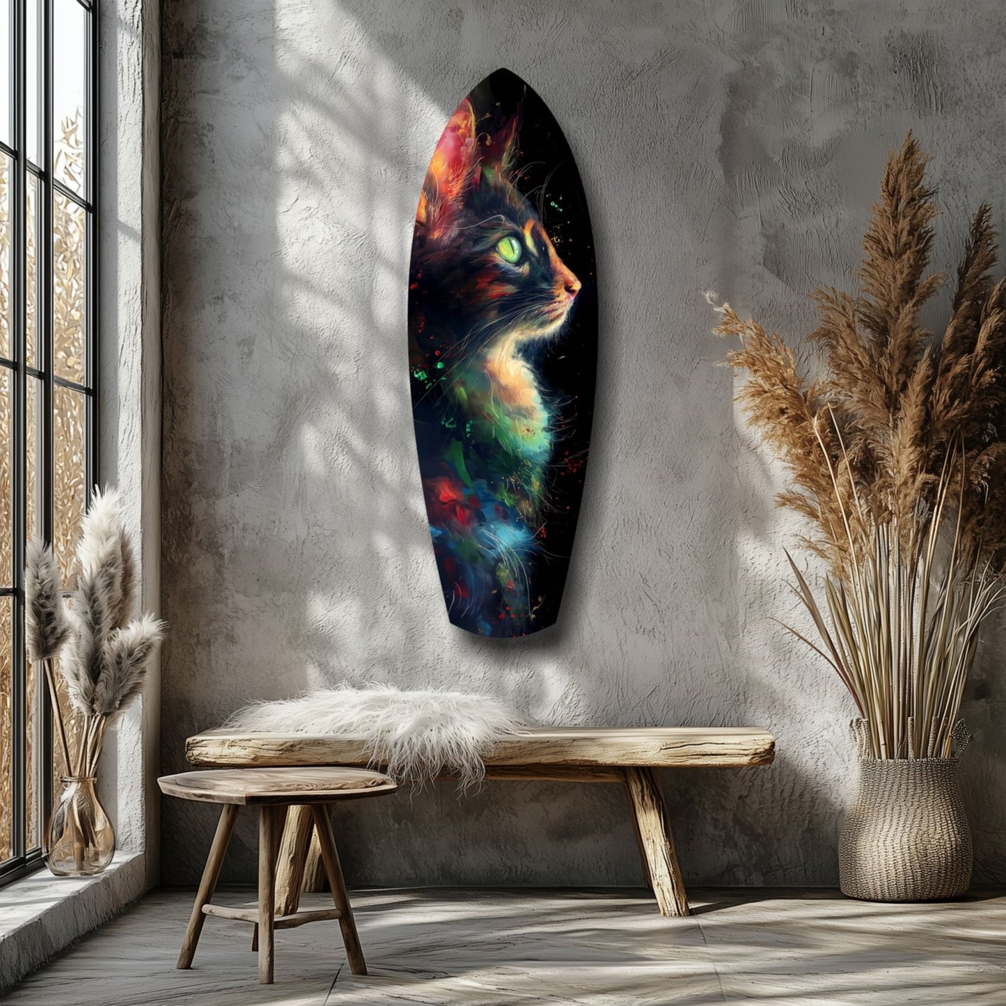 Celestial cat glass wall art printed on tempered glass with cosmic design